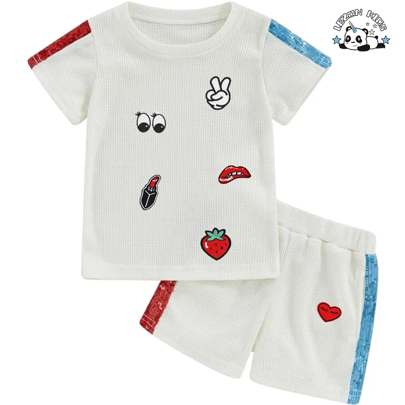 LEZONKIDS - Customized Girls Sequin Stripe Sleeves Patchwork T Shirt + Shorts Kids Clothing Set